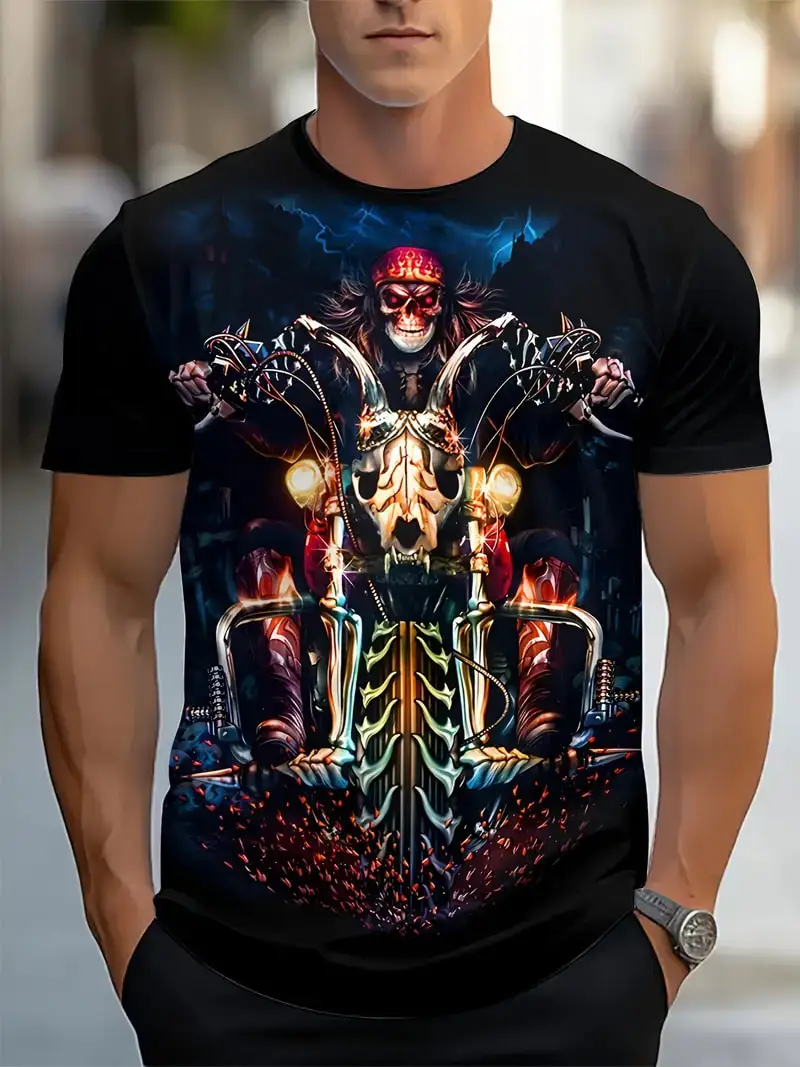 2024 New Motorcycle Jackets Graphic T-shirt Men\'s Vintage 3D Print Short Sleeve Crew Neck Tee Top Oversized Street Trend T shirt