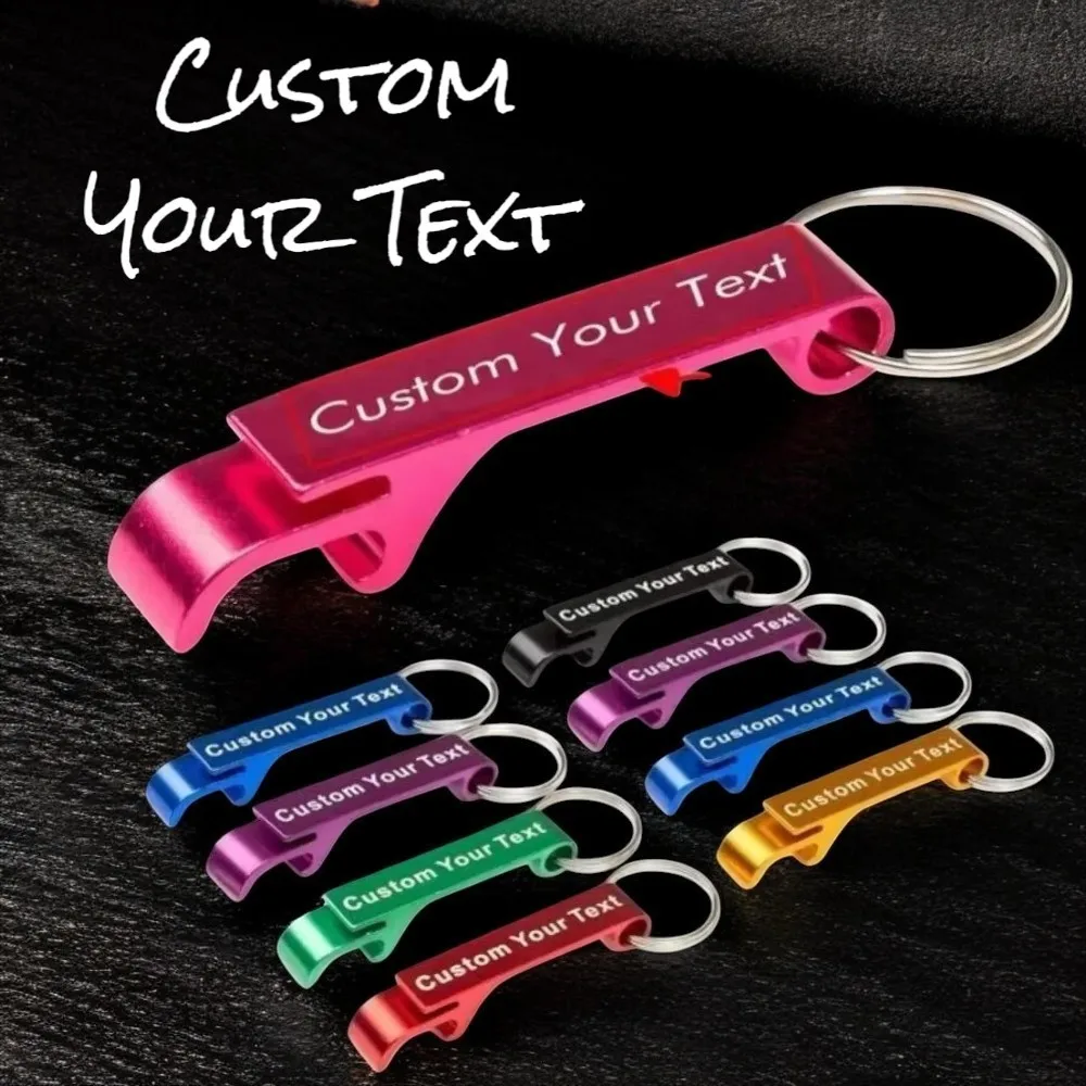 1PC Custom LOGO Name Bottle Opener Beer Keychain Keyring Multifunctional Laser Carving Key Ring Chain Bar AD Multi Color Gift