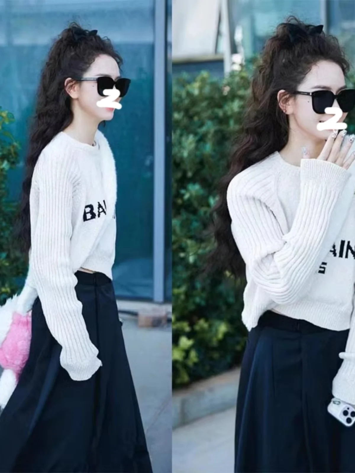 White Letter Print Long Knitted Sweater Overhead Style Female Clothes EXJR Brand High Waist A-Line Skirt Korean Style