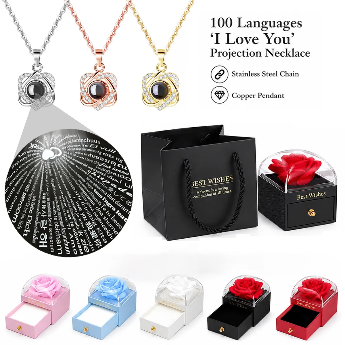 Heart Pendant 100 Languages Projection Necklace With Rose Gift Box For Mother Women Christmas Valentine Birthday Jewelry