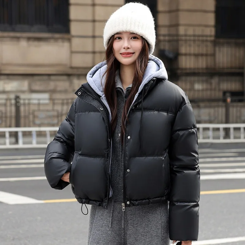 Women Spliced Oversize Parkas Coat Hooded Jacket Solid Drawstring Hem Zipper Straight Fit Thick Office Lady Casual Winter 2025