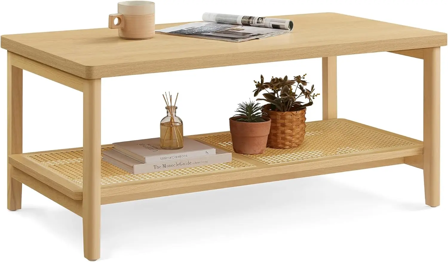 

Living Room Table Rectangular Center Table, Rattan Storage Shelf, Rounded Corners, Easy Assembly, Boho Style, Oak Beige