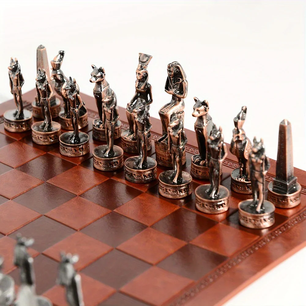 32 Pcs Metal Egypt Theme Characters Chess Metal Solid Color Artificial Leather Chessboard Table Game Toys Entertainment