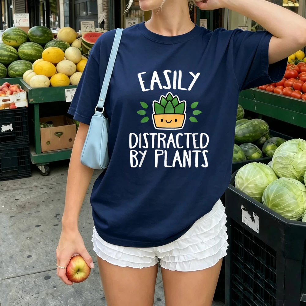 Easily Distracted By Plants Cute Succulent Cartoon Graphic T Shirt Plant Lover Funny Text Print Short Sleeve Garden Hobby Tees