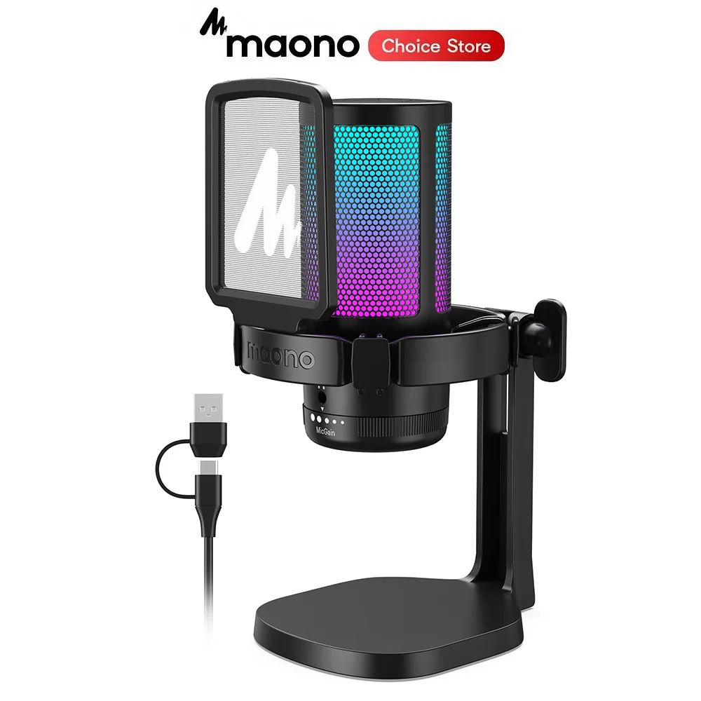 MAONO DGM20 RGB Gaming Microphone USB Condenser Mic with Noise Reduction Software Gain One Key Mute for Gaming Live Streaming