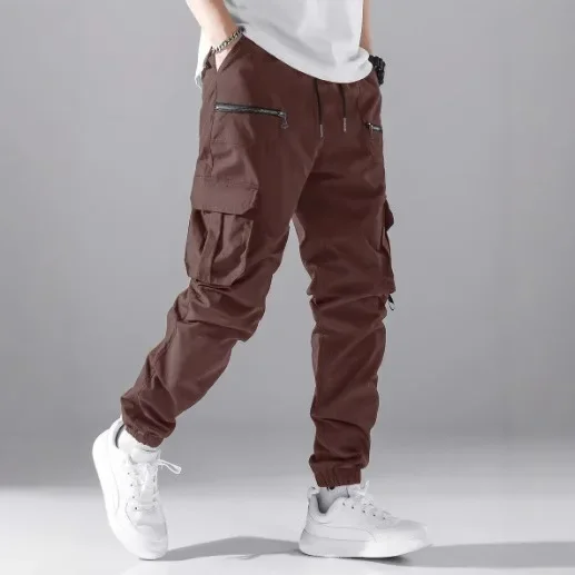 2025 New Fashion Men's Solid Color Loose Basic Casual Trendy Drawstring Multi-pocket Otdoor Cargo Trousers Male Clothes Pants