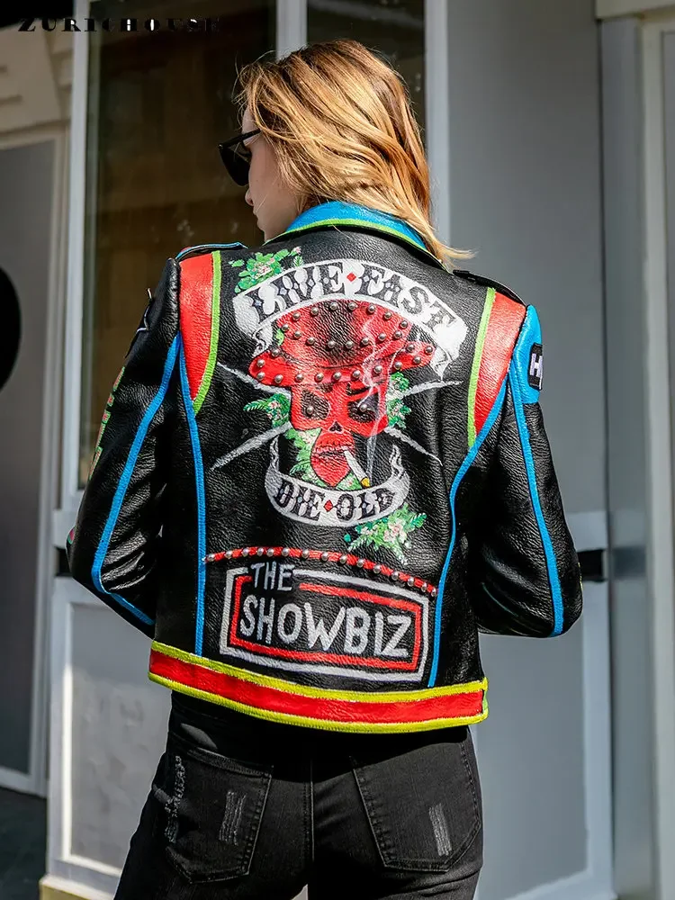 Streetwear skórzane kurtki motocyklowe damskie 2023 Trend kontrastowy kolorowy nadruk krótka Punk nabijana ćwiekami kurtka motocyklowa ze sztucznej skóry