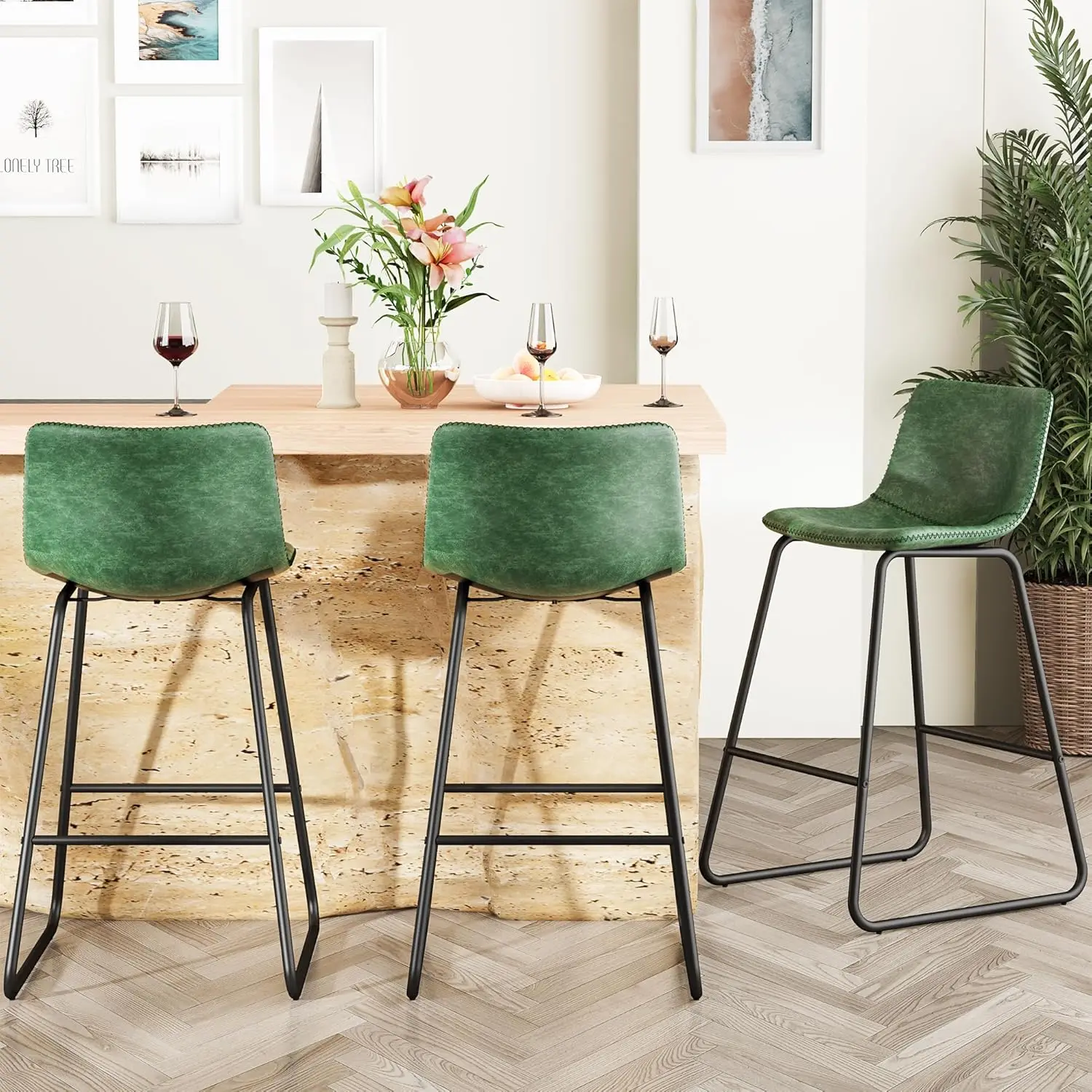 

26-дюймовый набор барных стульев из 3 шт., современные барные стулья высотой, барные стулья из искусственной кожи со спинкой и металлическими ножками, высокие барные стулья без подлокотников