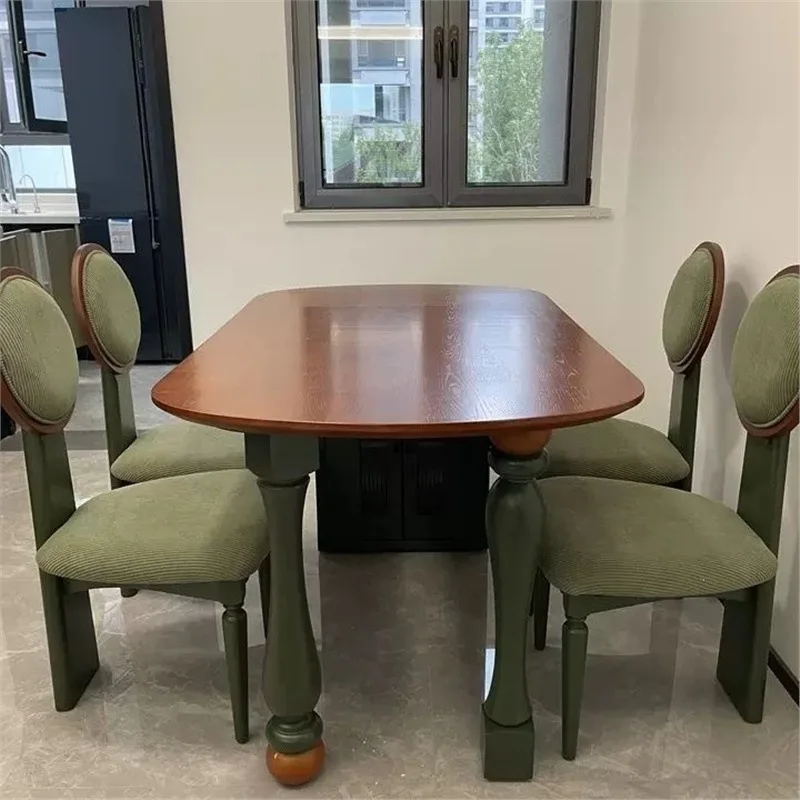 French retro solid wood dining table, dark green high-end rectangular medieval dining table legs