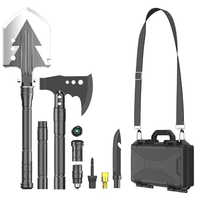 Outdoor Survival Shovel Multifunction Garden Tool Flashlight Aluminum Alloy Spade Camping Folding Snow Shovel Shoulder Strap