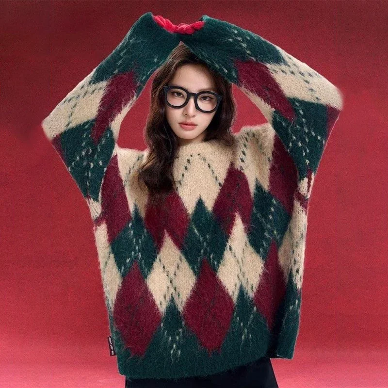 الماس شبكة الرجال عيد الميلاد سترة للجنسين تريكو الخريف الشتاء س الرقبة طويلة الأكمام Argyle تصميم فضفاض البلوز سترة ناعمة #5