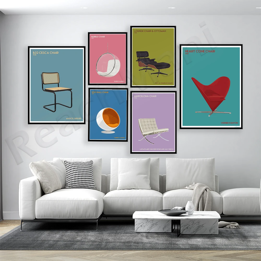 

Eero Aarnio Bubble Chair, Egg Ball Chair, Marcel BreuerCesca Chair, Heart Cone Chair Verner Panton, Barcelona Chair Decor Poster