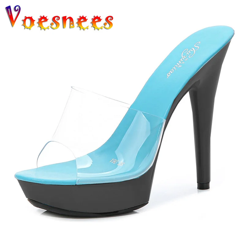Stripper Heels Slipper female SANDAL WOMAN Summer PVC Slides Waterproof 13cm Thick Bottomed Nightclub Sexy High-heeled Platform