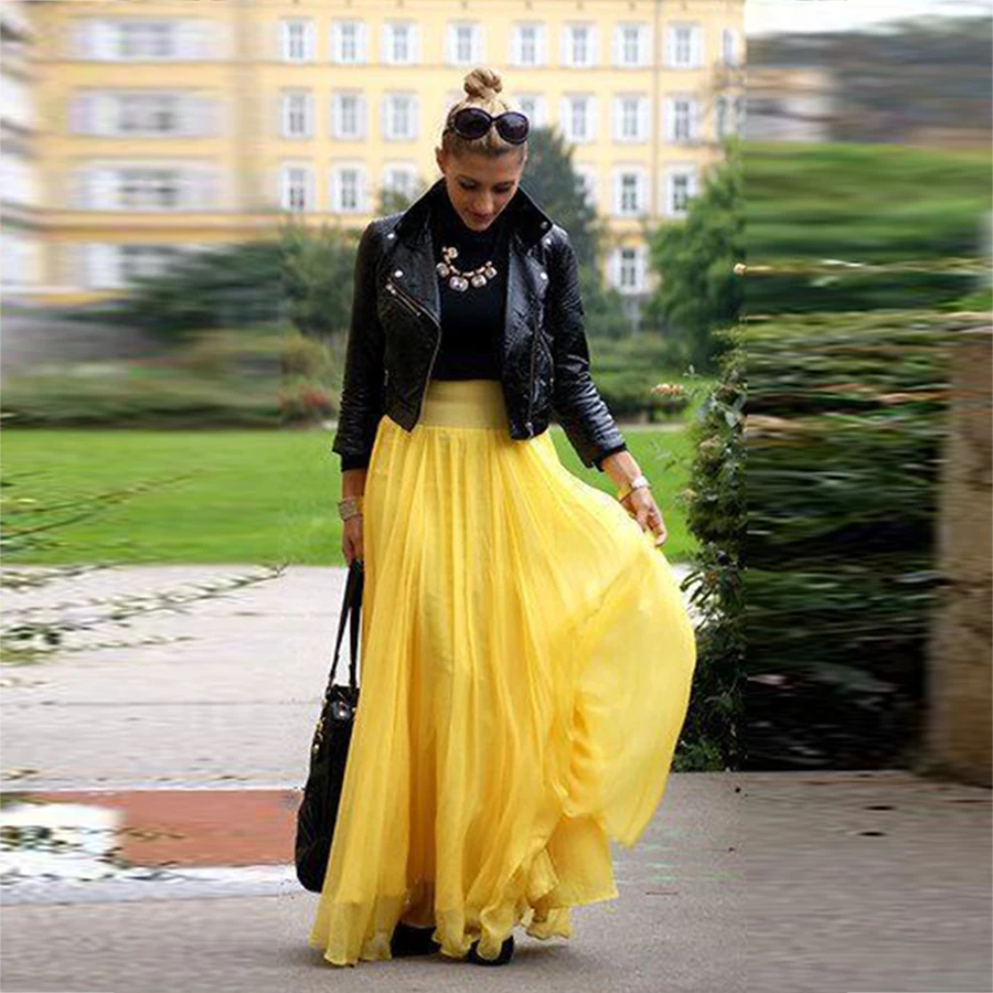 Yellow Chiffon Long Skirts Wedding Guest  Skirts Birthday Party Prom Party Formal Wear Elastic Waist  Saias Lady Long  Skirt