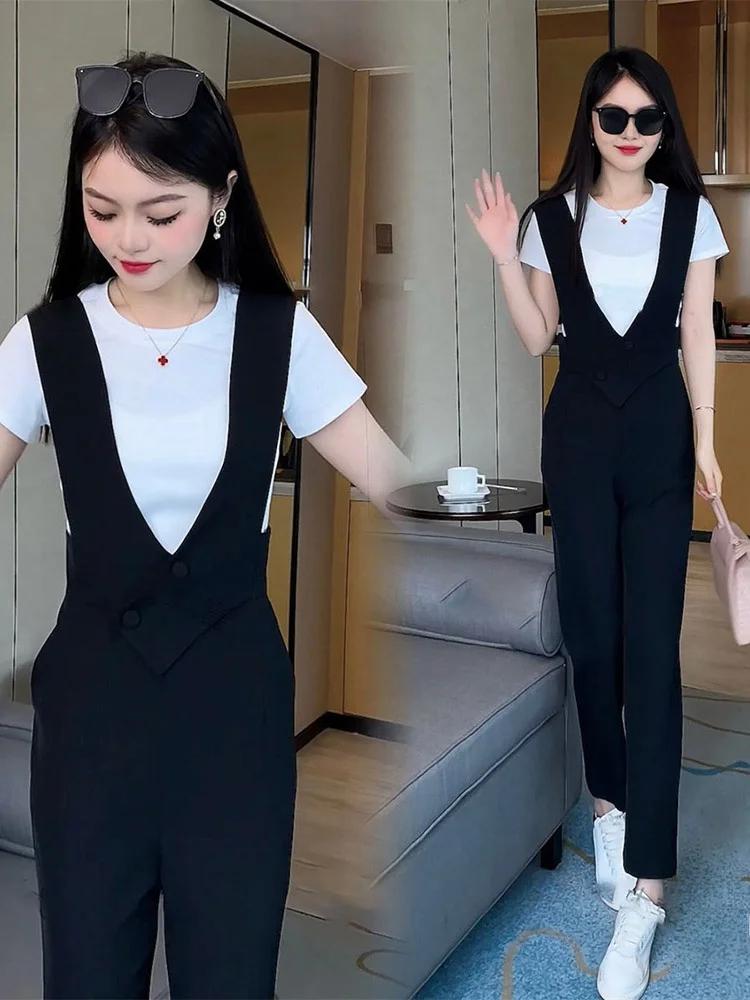 

Fashionable Casual Pure Color Simple High Waist Onesie White T-Shirt Slimming Nine-Piece Pants Ensemble for Women