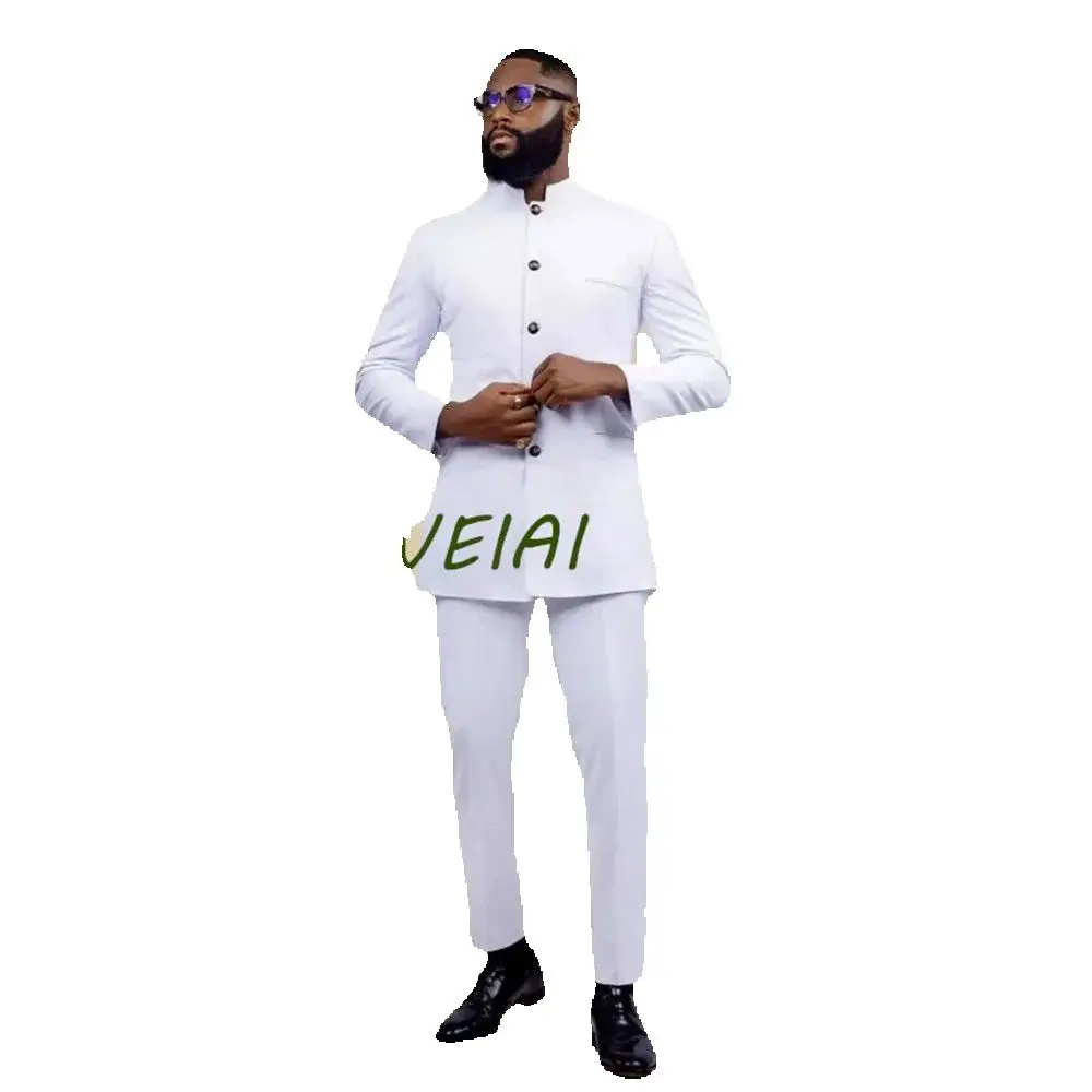 

CustomizedIndia Style White Color Stand Collar Men Suits Slim Fit 2 Pieces Wedding Groom Clothes Outfit Casual Daily Set Blazer