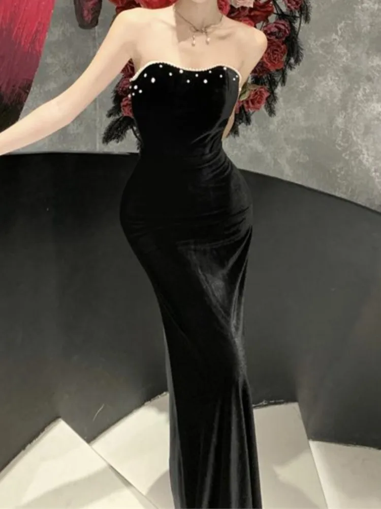 Sexy Bodycon Black Velvet Maxi Drresses for Women Embroidered Flares Strapless Slim Mermaid Evening Dress Prom Robe New Vestidos