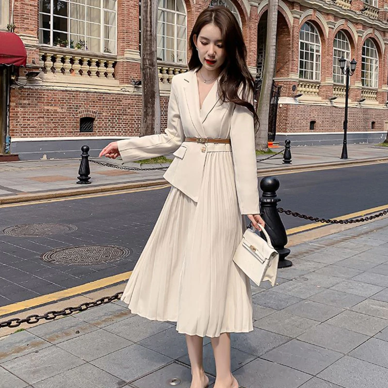 

French Blazer Collar Dress 2025 Autumn Winter New Slim High End Faux Two Piece Suit Dress Elegant Fashion for Women Long dress