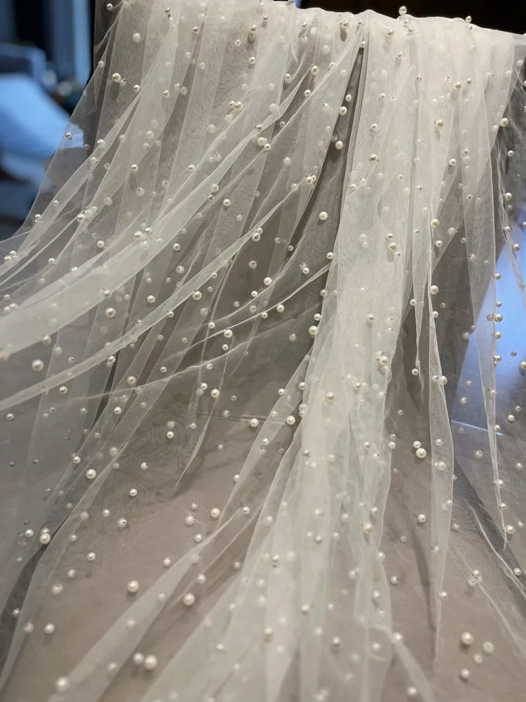 Widened Pearl Soft Gauze Fabric Beaded Draping for Wedding Dress Curtain Dessert Table Decorative Background Cloth Mesh Fabric