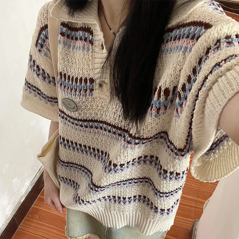 

Knitted Retro Summer Striped Short Sleeve Women Polo T Shirt Design Preppy Style Fashion Vintage Harajuku Oversized Female Tops