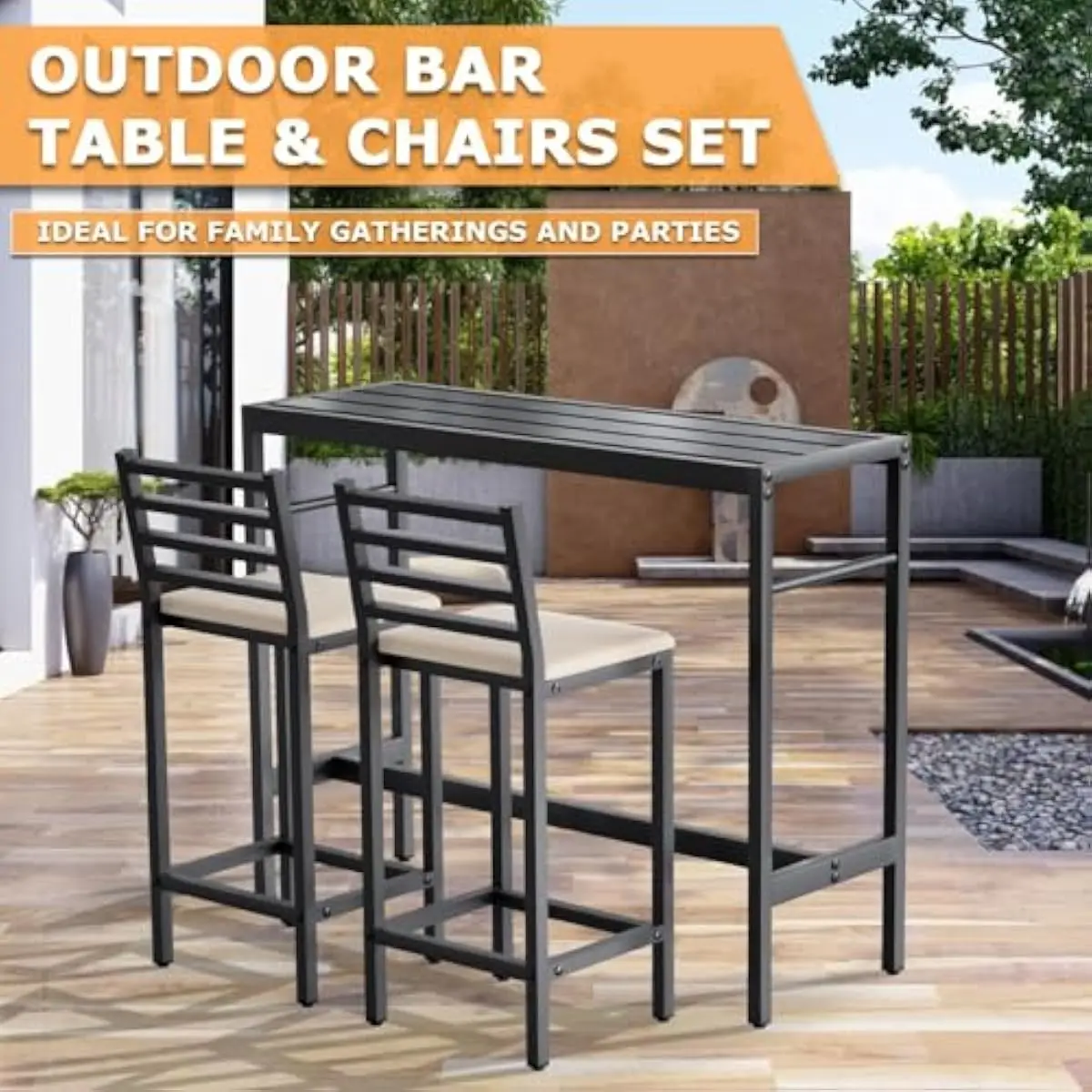 Outdoor 3-Piece Counter Height Bar Set – Matte Black Metal Table 50 Inches + 2 Ergonomic Stools 41 Inches with Dense Foam Cushio - view 3