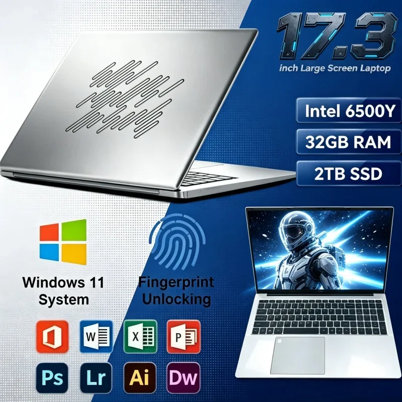 17.3" Windows 11 Portable HD Laptop Intel 6500Y 32GB RAM 2TB SSD Notebook For Daily Office & Study