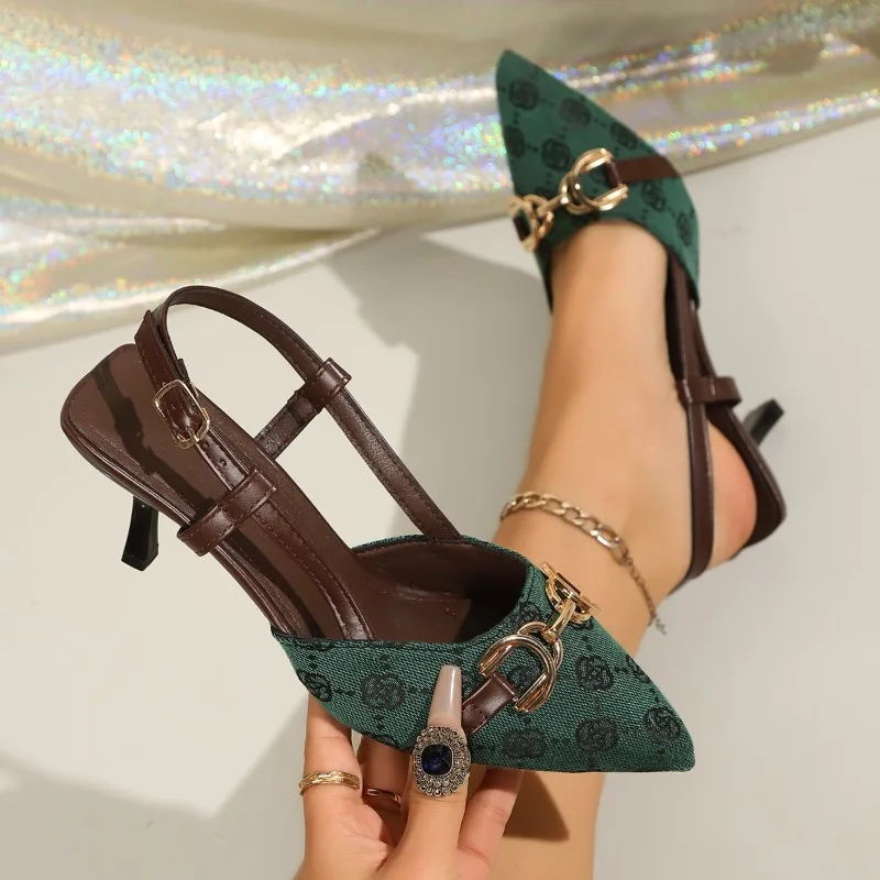 Neue Damen Baotou Sandalen mit Metallschnalle, Rutschfeste High Heels, Spitze Damenschuhe, Abriebfeste Flache Sandalen