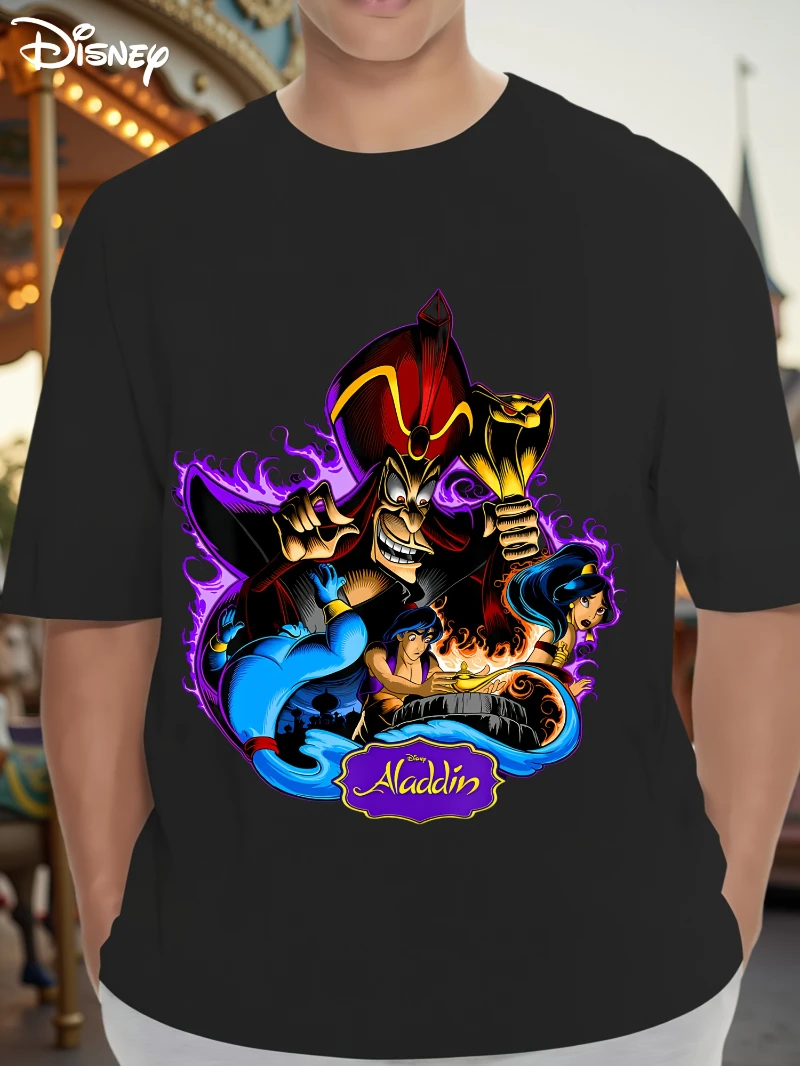 Camiseta con estampado de alfombra mágica para hombre de Disney Aladdin, diseño de personajes de Jasmine & Genie, camiseta informal de manga corta, verano