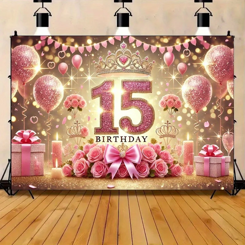 1 Polyester-Hintergrundstoff, ein funkelnder und alles Gute zum 15. Geburtstag, lebendig, einfach einzurichten und wiederverwendbar, für eine Familienfeier