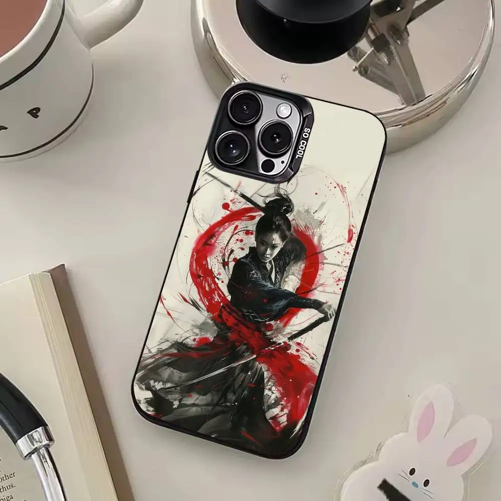 Samurai Warrior Geisha Capa de telefone preta fosca para iPhone 17/16/15/14/13/12/11 pro Max Design de doces à prova de choque
