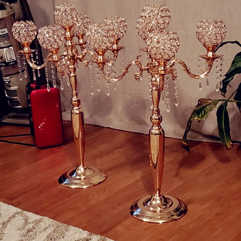 

6pcs)gorgeous 5 arms gold metal crystal candelabra wedding centerpieces gold crystal candle holders centerpiece
