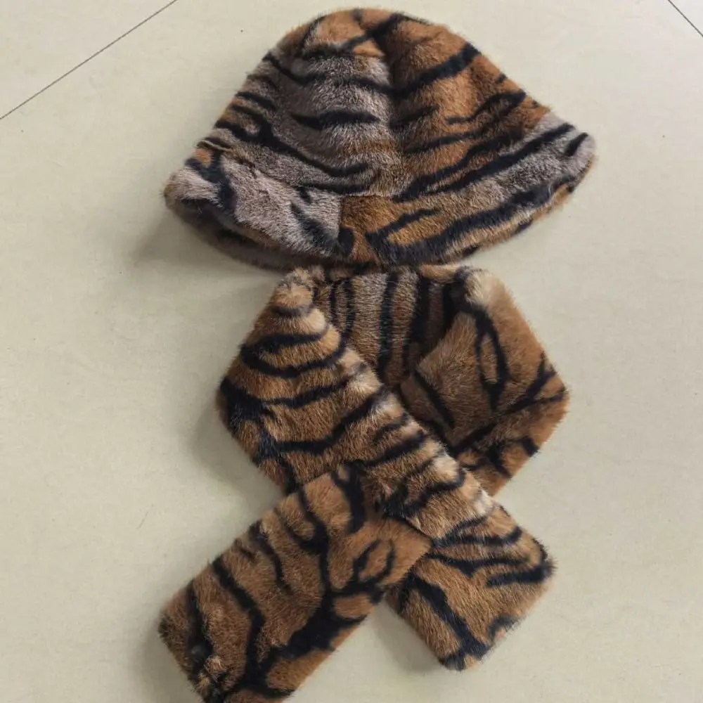 2-Piece Set Soft Faux Mink Fur Hat Anti-static Cross-tie Leopard Print Hat Warm Thermal Winter Hat Scarf Set