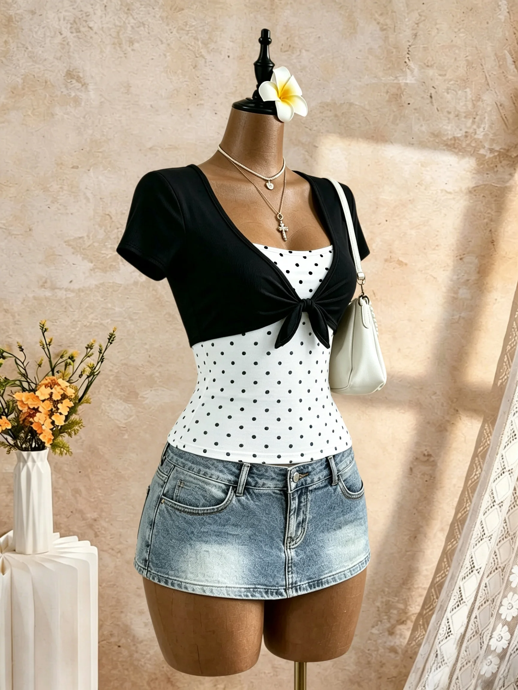 Damen-Outfit, bestehend aus zwei Teilen: kurzes Oberteil mit kurzen Ärmeln und vorne gebundenem Kragen sowie einem Tanktop mit Polka-Dot-Muster, figurbetont, lässig, für den Alltag und zum Ausgehen, zweiteiliges Oberteil. – Detail 2