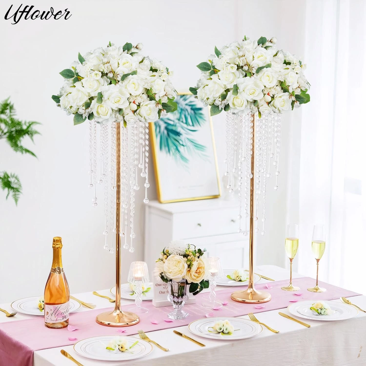 

Uflower Rose Green Leaf Wedding Table Centerpiece Artificial Floral Ball Decor Banquet Arrangement Road Lead Flower Event Stage