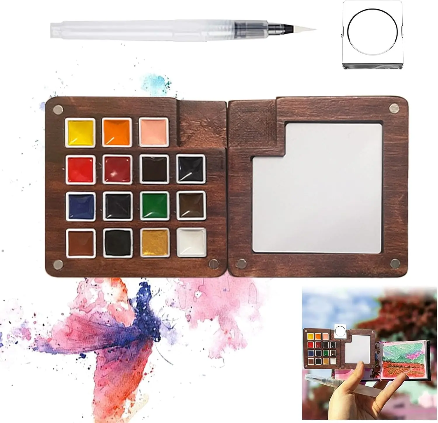 

Mini Travel Watercolor Palette Set with 15 Colors, Wooden Box, Brush Pens for Artists Students