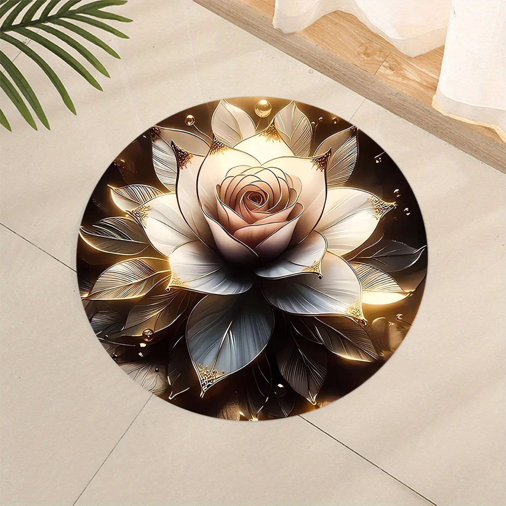 Rose Flower Round Rug Luxurious Flannel Doormat Floral Theme Floor Mat Living Room Dining Room Decor Elegant Non Slip AreaCarpet