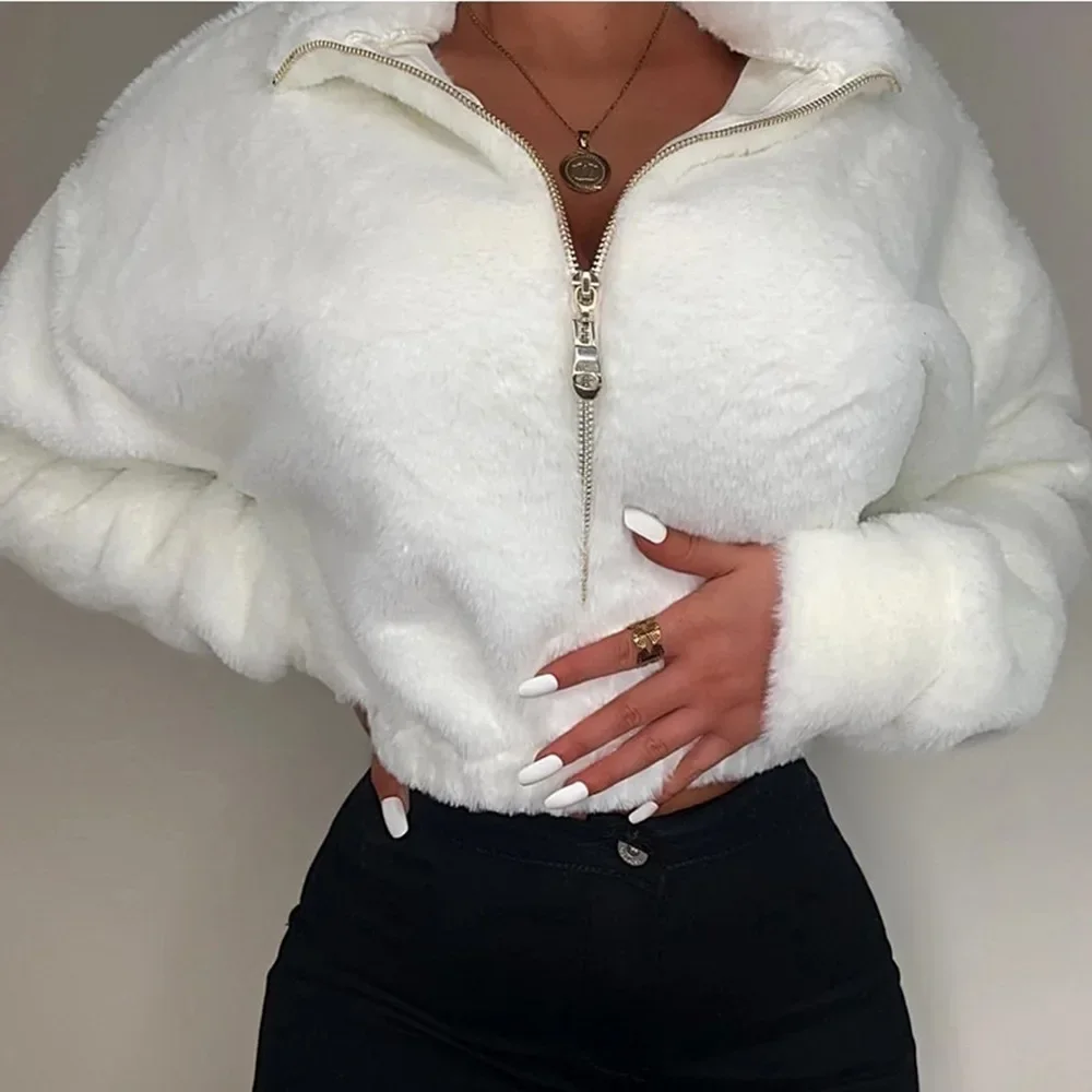 Y2K Fashion Plush Warm Sweatshirt Women Long Sleeve Pullover Loose Jumper Outwear White Hairy Tops Zipper Stand Collar Hoodies