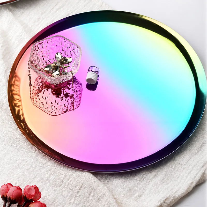 Iridescent Ins-style Stainless Steel Round Metal Tray Cosmetics Storage Tray Tabletop Jewelry Tray Household Tea Tray
