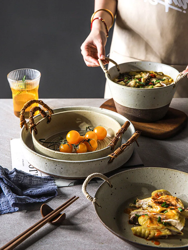 

Japanese Vintage Binaural Deep Dinner Plate Household Soup Bowl Pasta Salad Noodle Dish Hand-woven Rattan Ceramic Dinnerware