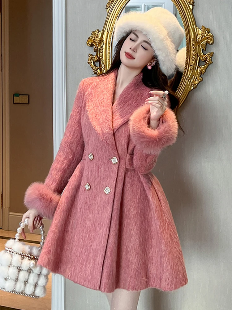 Elegancka kurtka imprezowa dla kobiet Celebrity Pink Woolen Coat Fur Long Sleeve Pleated Tops Female Clothes Sweet Office Lady Outwear