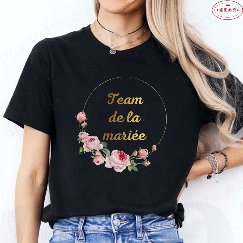 Franse vrouwen bruids bruiloft verloofd tshirt team toekomstige bruid bloem krans T-shirt vrijgezellenfeest tops korte mouwen tees