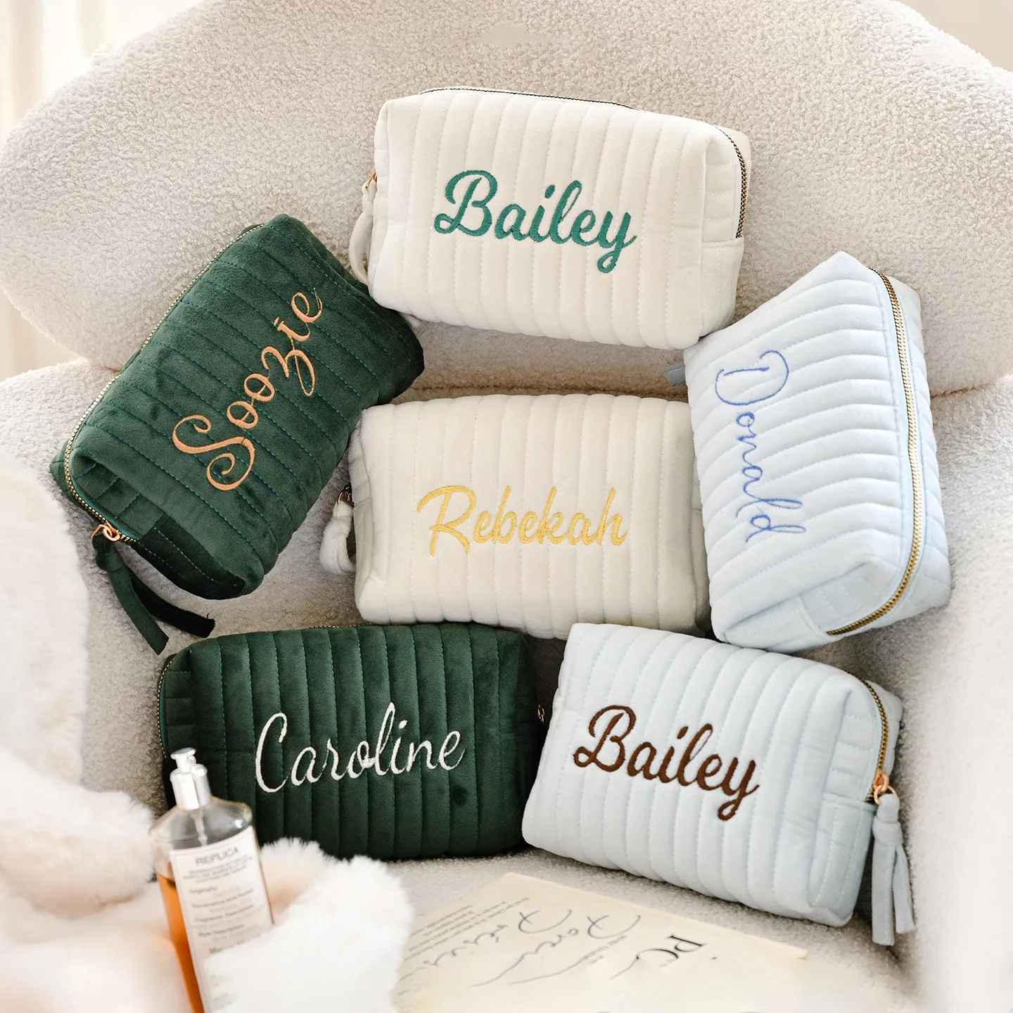 Custom Name Ribbed Plush Makeup Bag Velvet Pouch Personalized Embroidery Cosmetic Case Aesthetic Toiletry Gift Women GirlsPencil