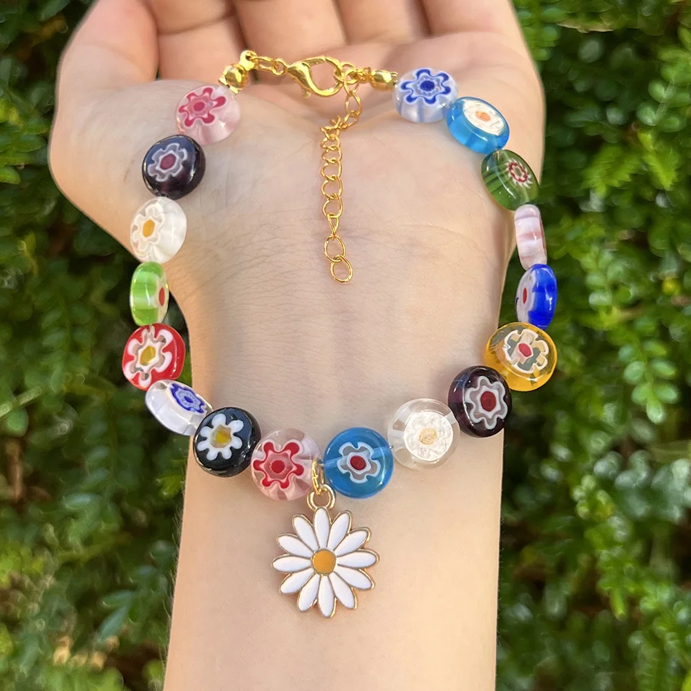 Murano Millefiori Multicolor Glass Beaded Bracelet White Daisy Charm Adjustable Extension Chain Bohemian Wrist Jewelry Women Gif