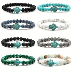 Sandy beach Turtle Beads Bracelet for Men Charm Black Lava Natural Stone Bracelet Hamdmade Strand Elastic Bangles Jewelry