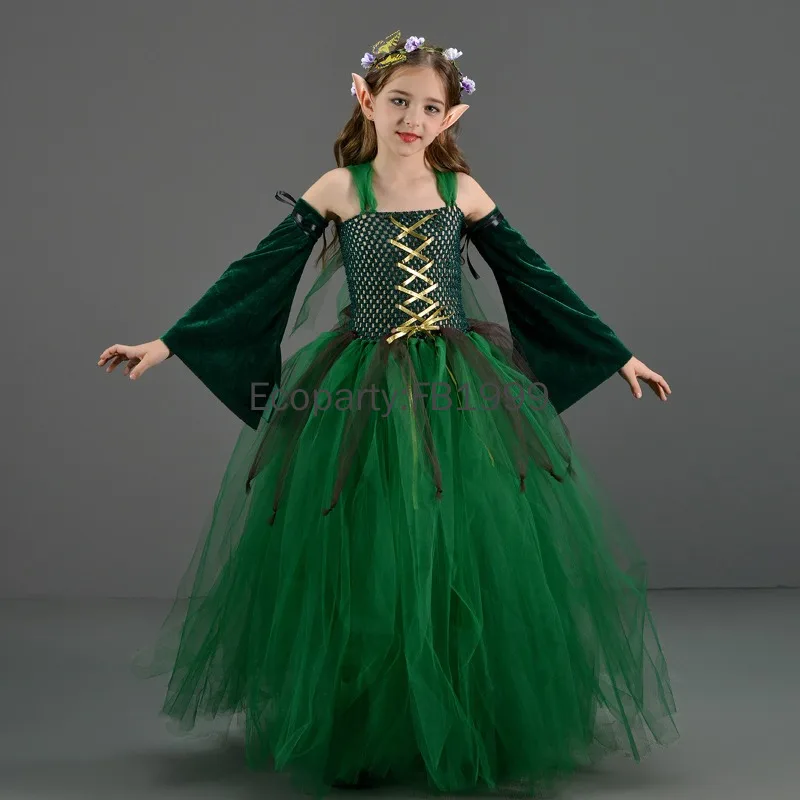 Girls Forest Elf Princess Cosplay Costume Kids Green Fairy Elves Roleplay Dress Wreath Elf Ear Set Children Halloween Outfits