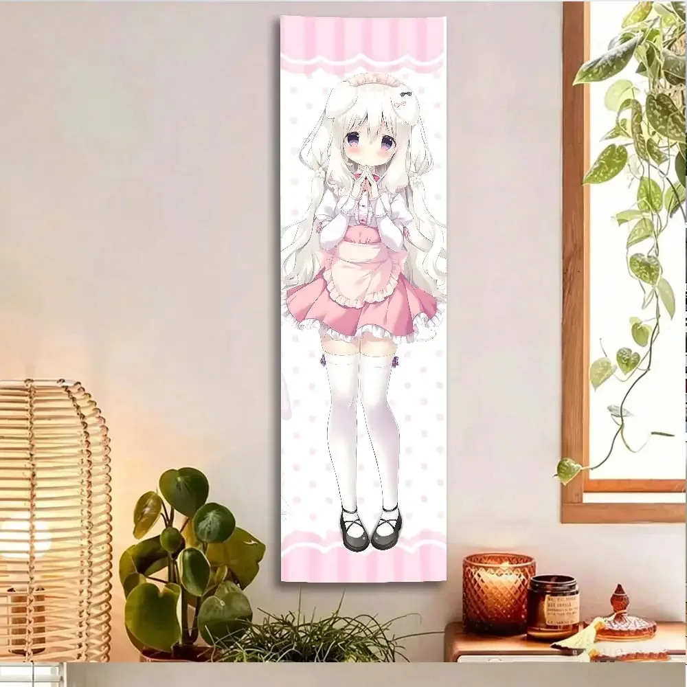 Cute Anime Loli Vertical Tapestry, Pink Maid Girl Wall Scroll, Kawaii Long Wall Hanging, Polyester Backdrop for Bedroom, Otaku