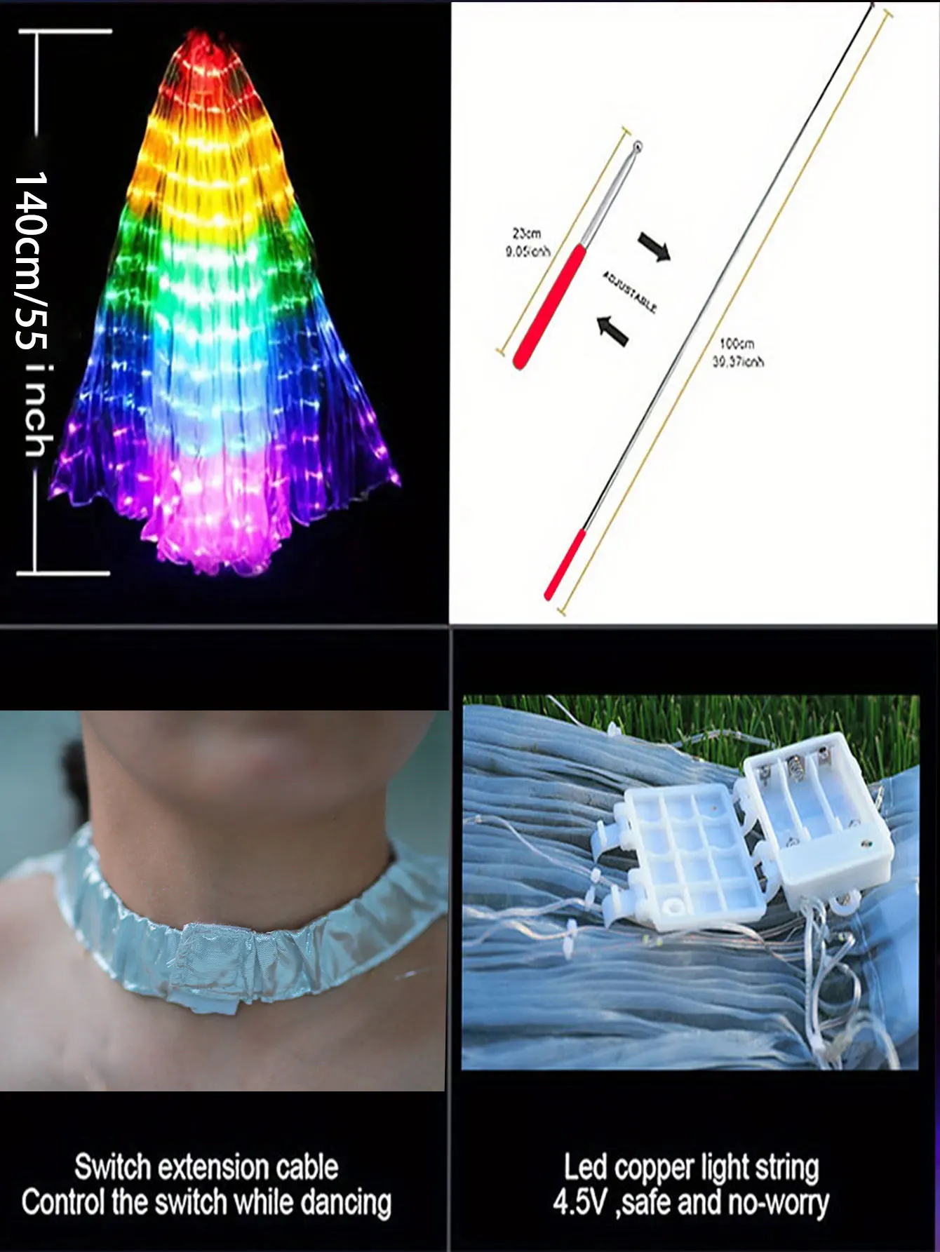 Colorful, glowing wings, as if wearing a whole rainbow, create a miniature rainbow storm with every flap of the wings (batteries