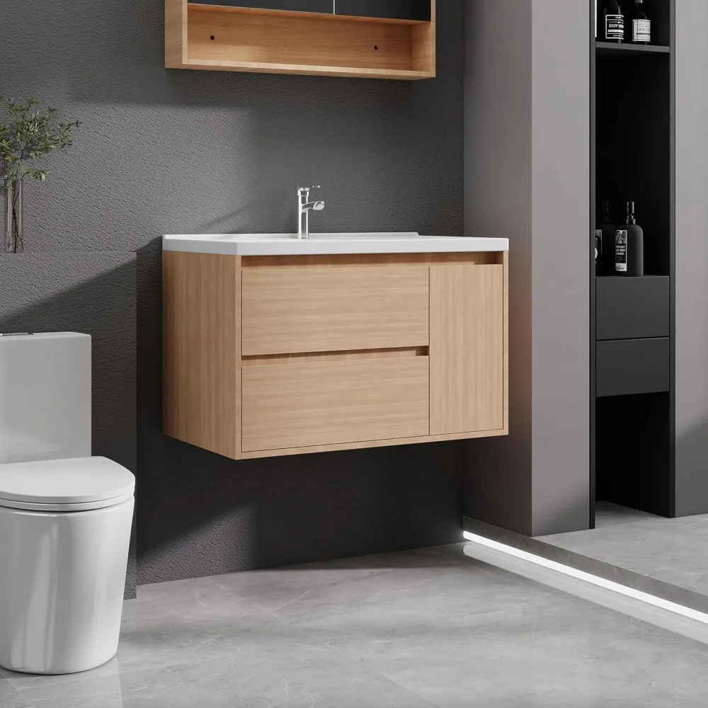 

Wood Grain Floating Bathroom Vanity with Sink, 31x18 Inch Wall Mounted Bathroom Cabinet with 2 Drawers & 1 Door, Customized