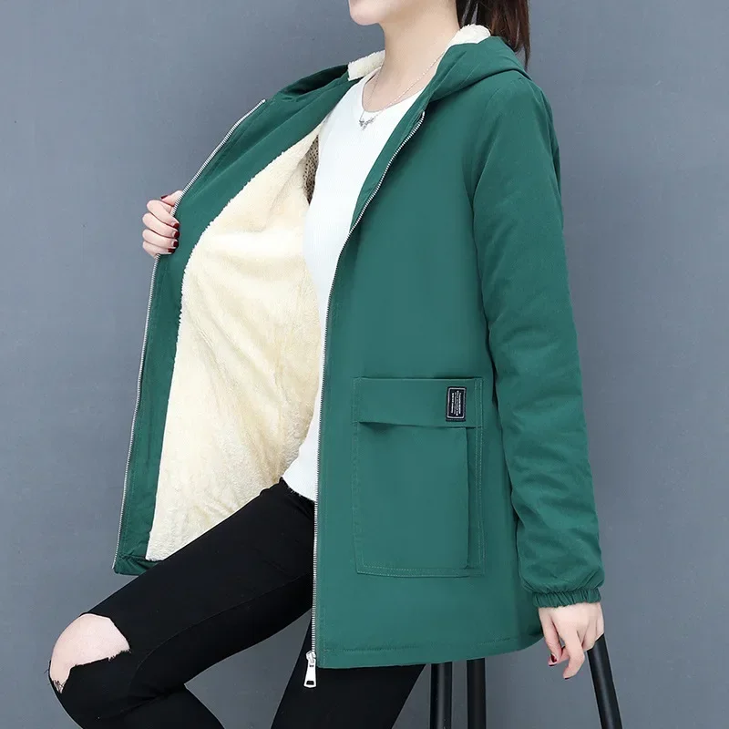 2023 New Autumn and Winter Korean Style Thick Warm Lamb Wool Cotton Coat Women's Mid-length Loose Hooded Top for Women Keep Warm