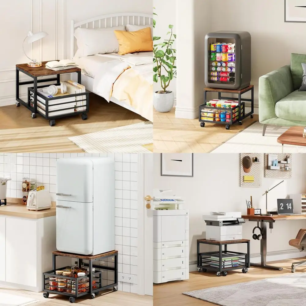 

Portable Mini Fridge Stand with Rolling Storage Basket, Adjustable Feet, Metal Frame, Suitable for Home, Apartment, Office, Dorm